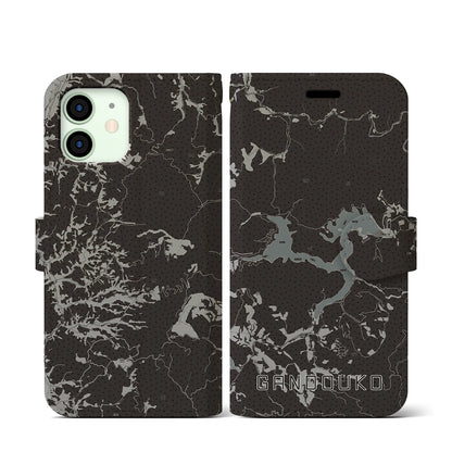 【岩洞湖（岩手県）】地図柄iPhoneケース（手帳タイプ）モノトーン・iPhone 12 mini 用