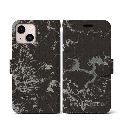 【岩洞湖（岩手県）】地図柄iPhoneケース（手帳タイプ）モノトーン・iPhone 13 mini 用