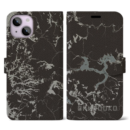 【岩洞湖（岩手県）】地図柄iPhoneケース（手帳タイプ）モノトーン・iPhone 14 用