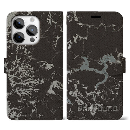 【岩洞湖（岩手県）】地図柄iPhoneケース（手帳タイプ）モノトーン・iPhone 14 Pro 用