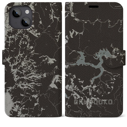 【岩洞湖（岩手県）】地図柄iPhoneケース（手帳タイプ）モノトーン・iPhone 14 Plus 用