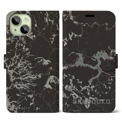 【岩洞湖（岩手県）】地図柄iPhoneケース（手帳タイプ）モノトーン・iPhone 15 用