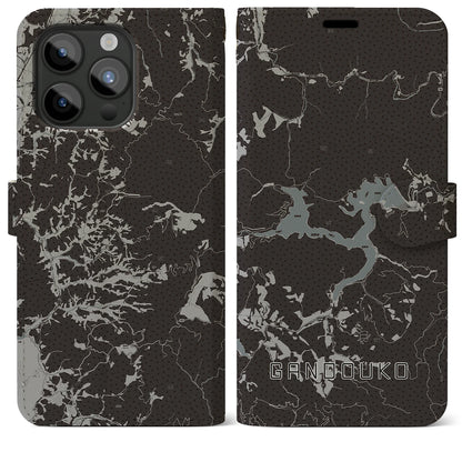 【岩洞湖（岩手県）】地図柄iPhoneケース（手帳タイプ）モノトーン・iPhone 15 Pro Max 用