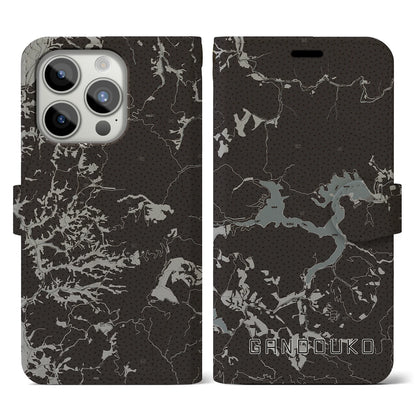 【岩洞湖（岩手県）】地図柄iPhoneケース（手帳タイプ）モノトーン・iPhone 15 Pro 用