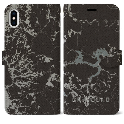 【岩洞湖（岩手県）】地図柄iPhoneケース（手帳タイプ）モノトーン・iPhone XS Max 用