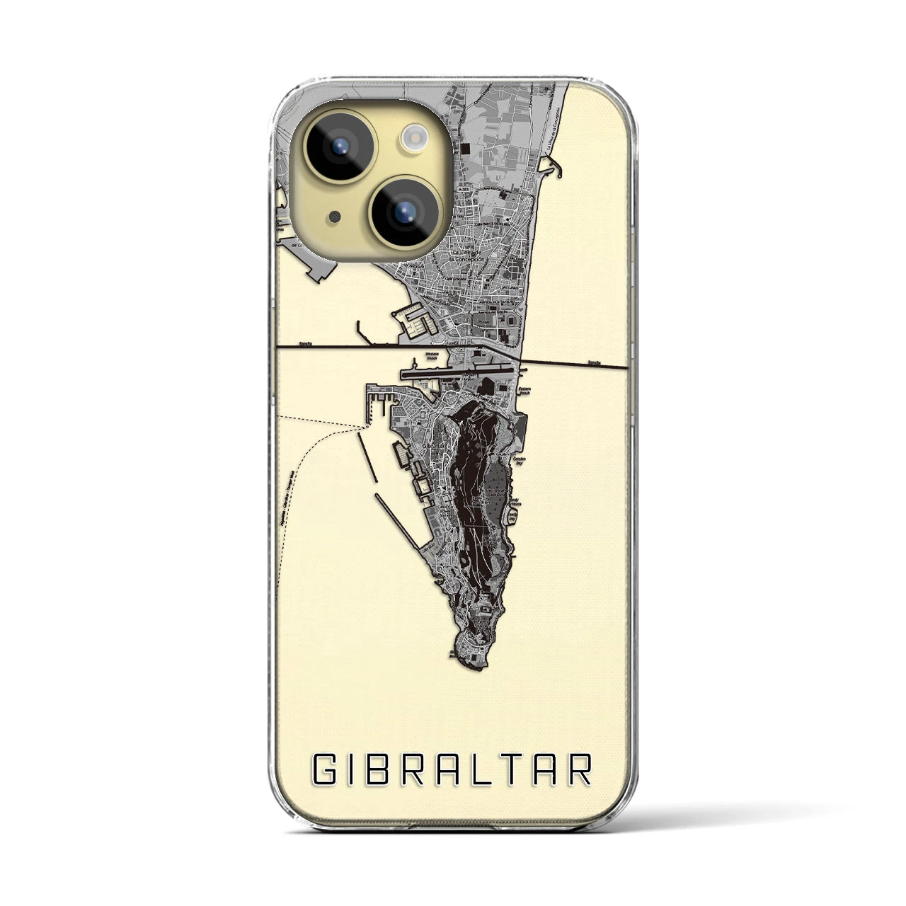 【ジブラルタル（イギリス）】地図柄iPhoneケース（クリアタイプ）モノトーン・iPhone 15 用