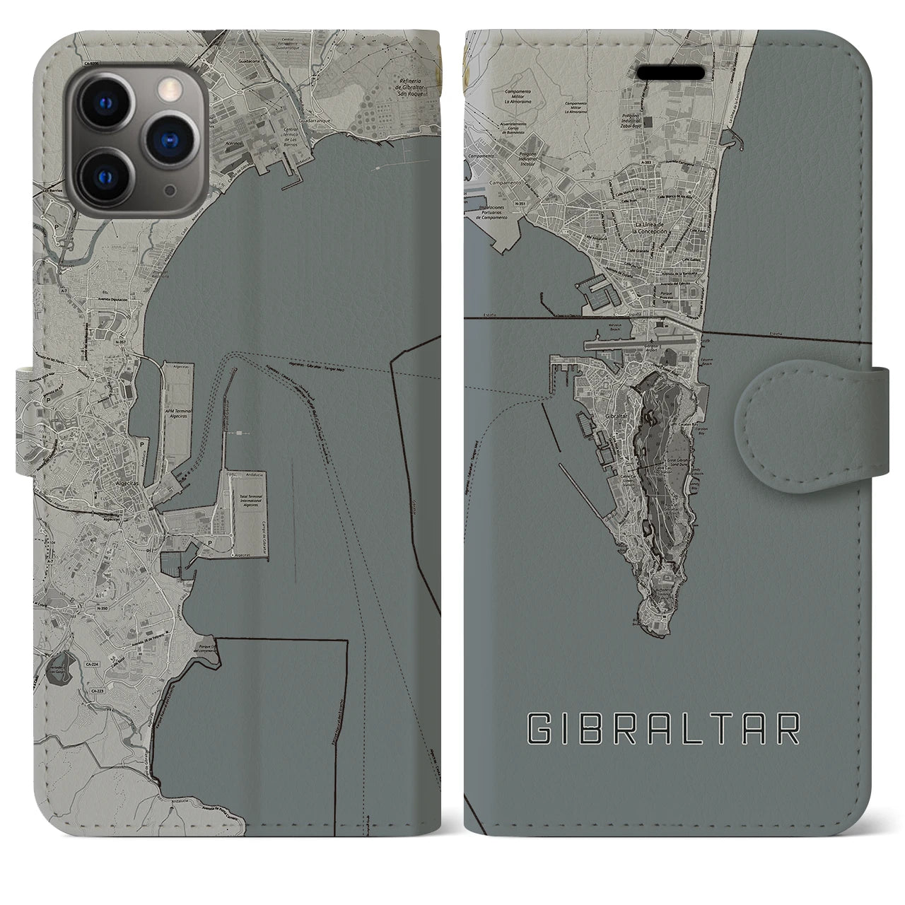 【ジブラルタル】地図柄iPhoneケース（手帳両面タイプ・モノトーン）iPhone 11 Pro Max 用