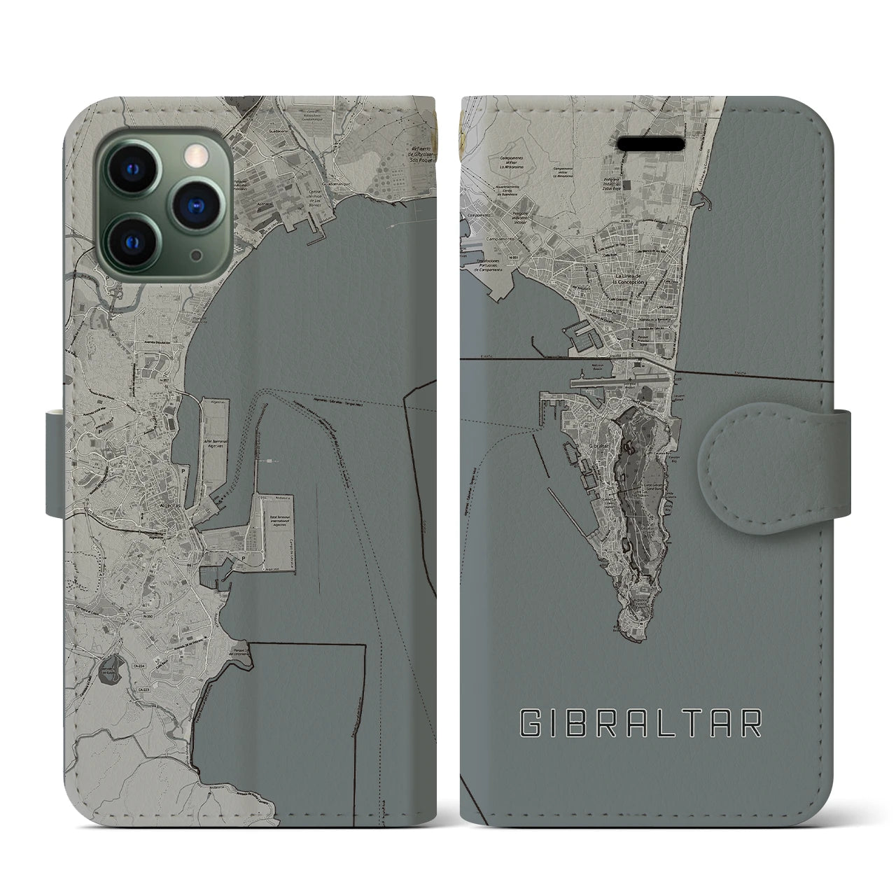 【ジブラルタル】地図柄iPhoneケース（手帳両面タイプ・モノトーン）iPhone 11 Pro 用