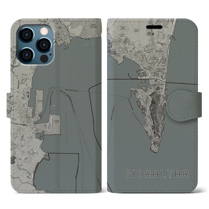 【ジブラルタル（イギリス）】地図柄iPhoneケース（手帳タイプ）モノトーン・iPhone 12 / 12 Pro 用