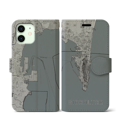 【ジブラルタル（イギリス）】地図柄iPhoneケース（手帳タイプ）モノトーン・iPhone 12 mini 用