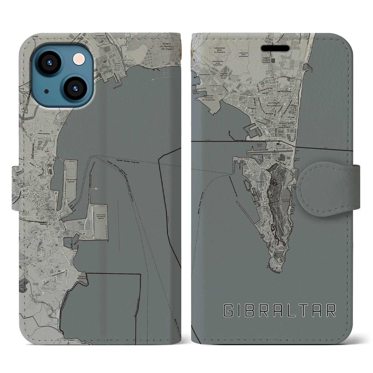 【ジブラルタル】地図柄iPhoneケース（手帳両面タイプ・モノトーン）iPhone 13 用