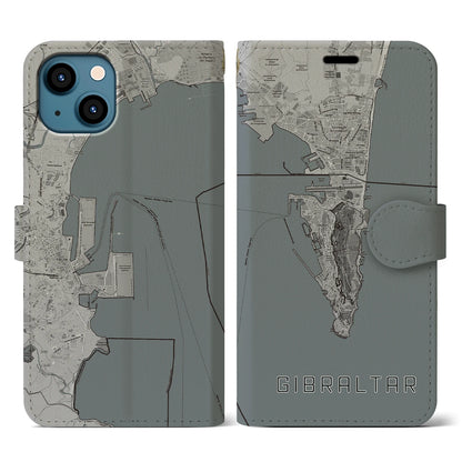 【ジブラルタル（イギリス）】地図柄iPhoneケース（手帳タイプ）モノトーン・iPhone 13 用