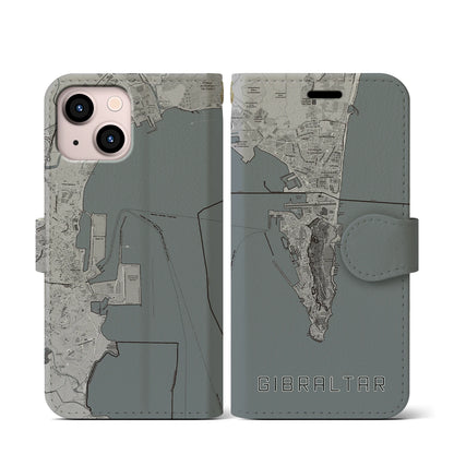 【ジブラルタル（イギリス）】地図柄iPhoneケース（手帳タイプ）モノトーン・iPhone 13 mini 用