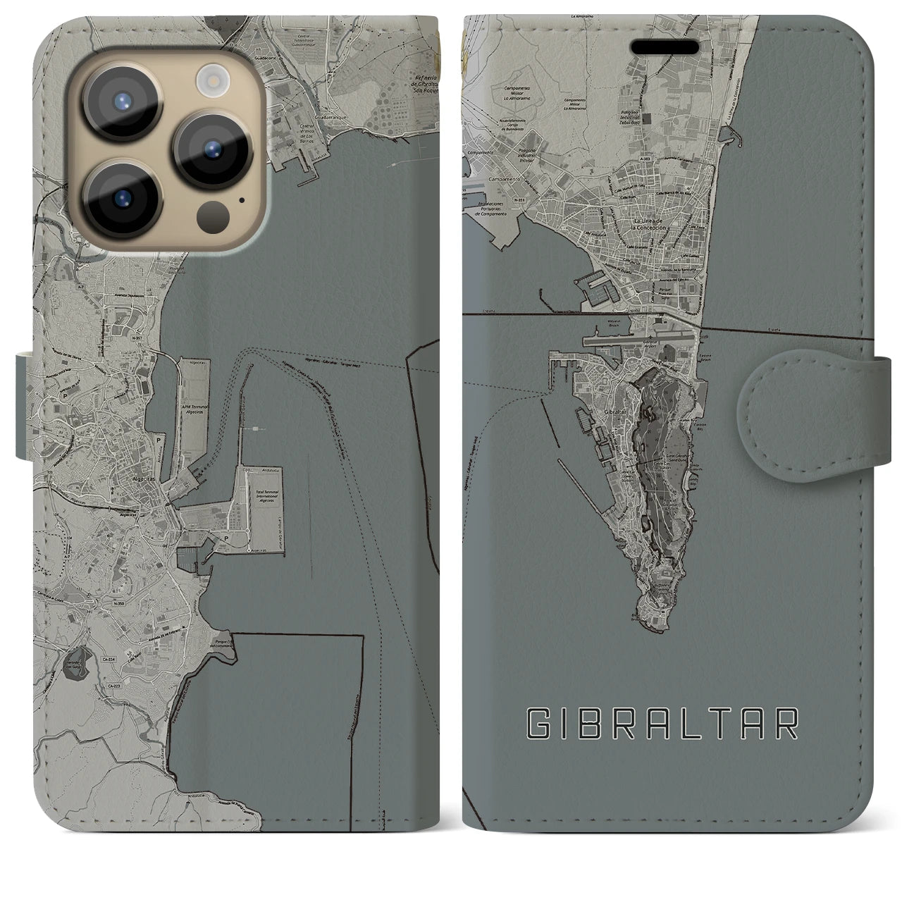 【ジブラルタル】地図柄iPhoneケース（手帳両面タイプ・モノトーン）iPhone 14 Pro Max 用