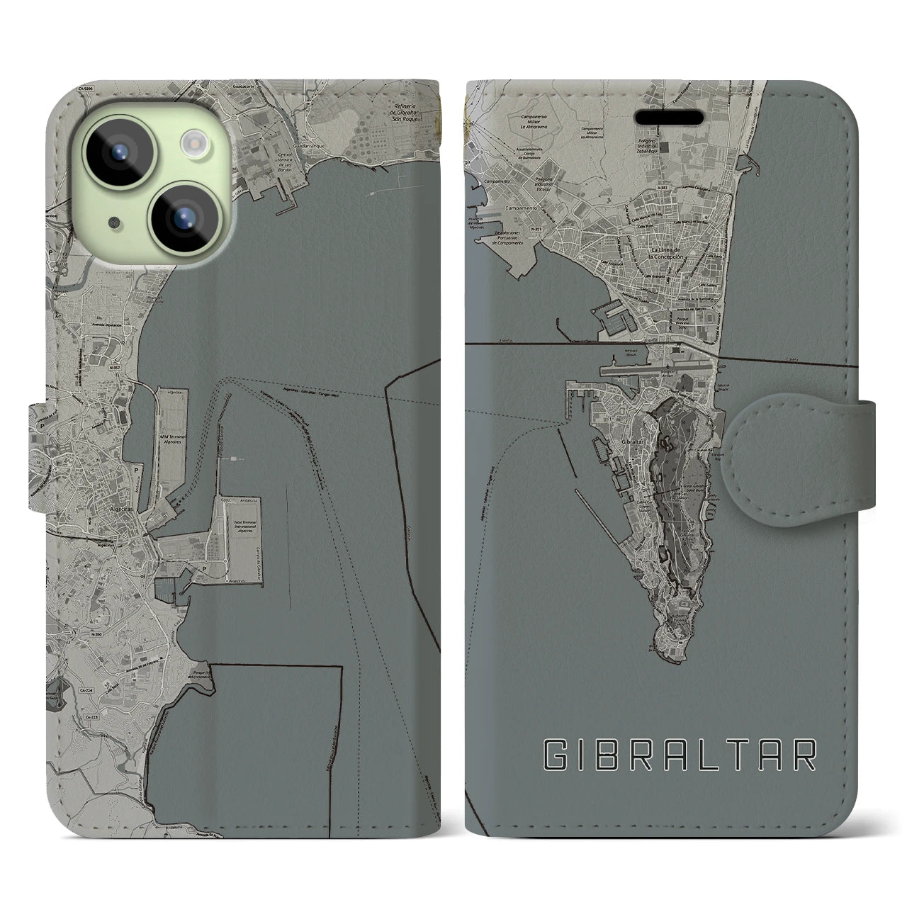 【ジブラルタル】地図柄iPhoneケース（手帳両面タイプ・モノトーン）iPhone 15 用