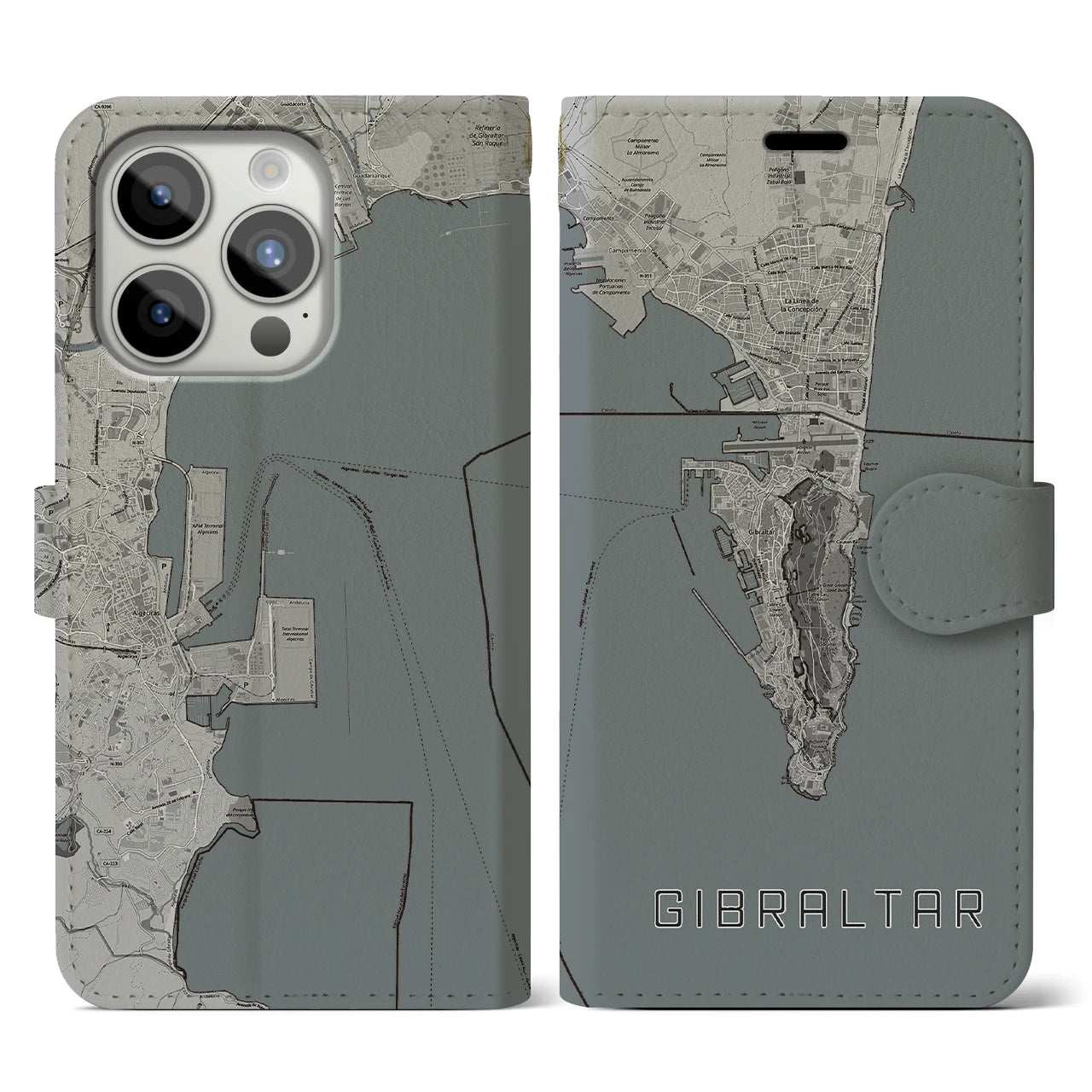 【ジブラルタル】地図柄iPhoneケース（手帳両面タイプ・モノトーン）iPhone 15 Pro 用