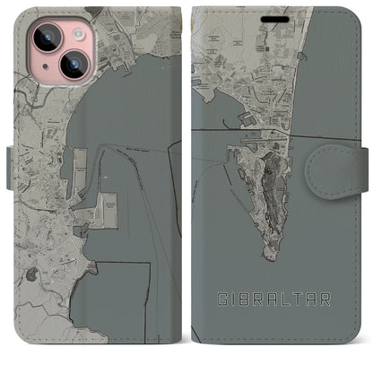 【ジブラルタル（イギリス）】地図柄iPhoneケース（手帳タイプ）モノトーン・iPhone 15 Plus 用