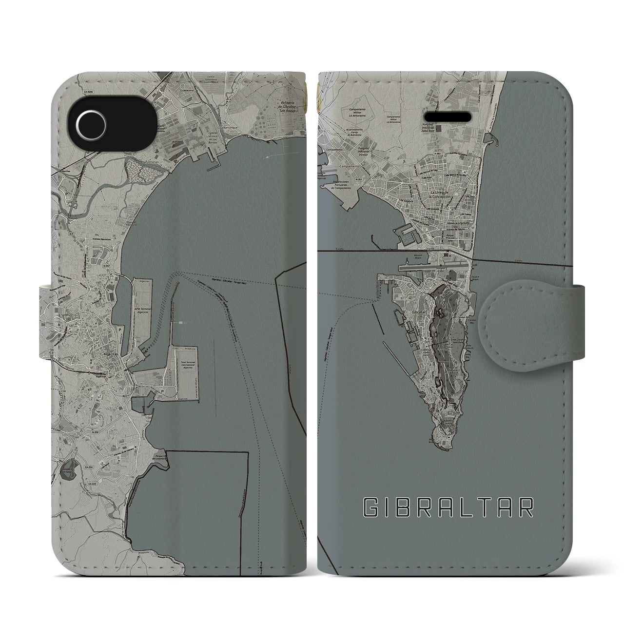 【ジブラルタル】地図柄iPhoneケース（手帳両面タイプ・モノトーン）iPhone SE（第3 / 第2世代） / 8 / 7 / 6s / 6 用