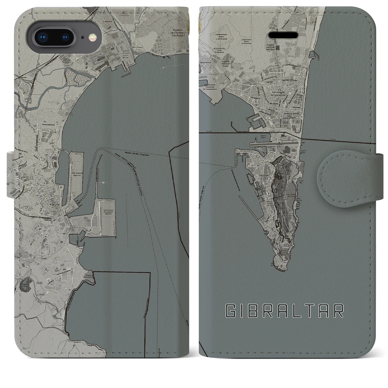 【ジブラルタル】地図柄iPhoneケース（手帳両面タイプ・モノトーン）iPhone 8Plus /7Plus / 6sPlus / 6Plus 用