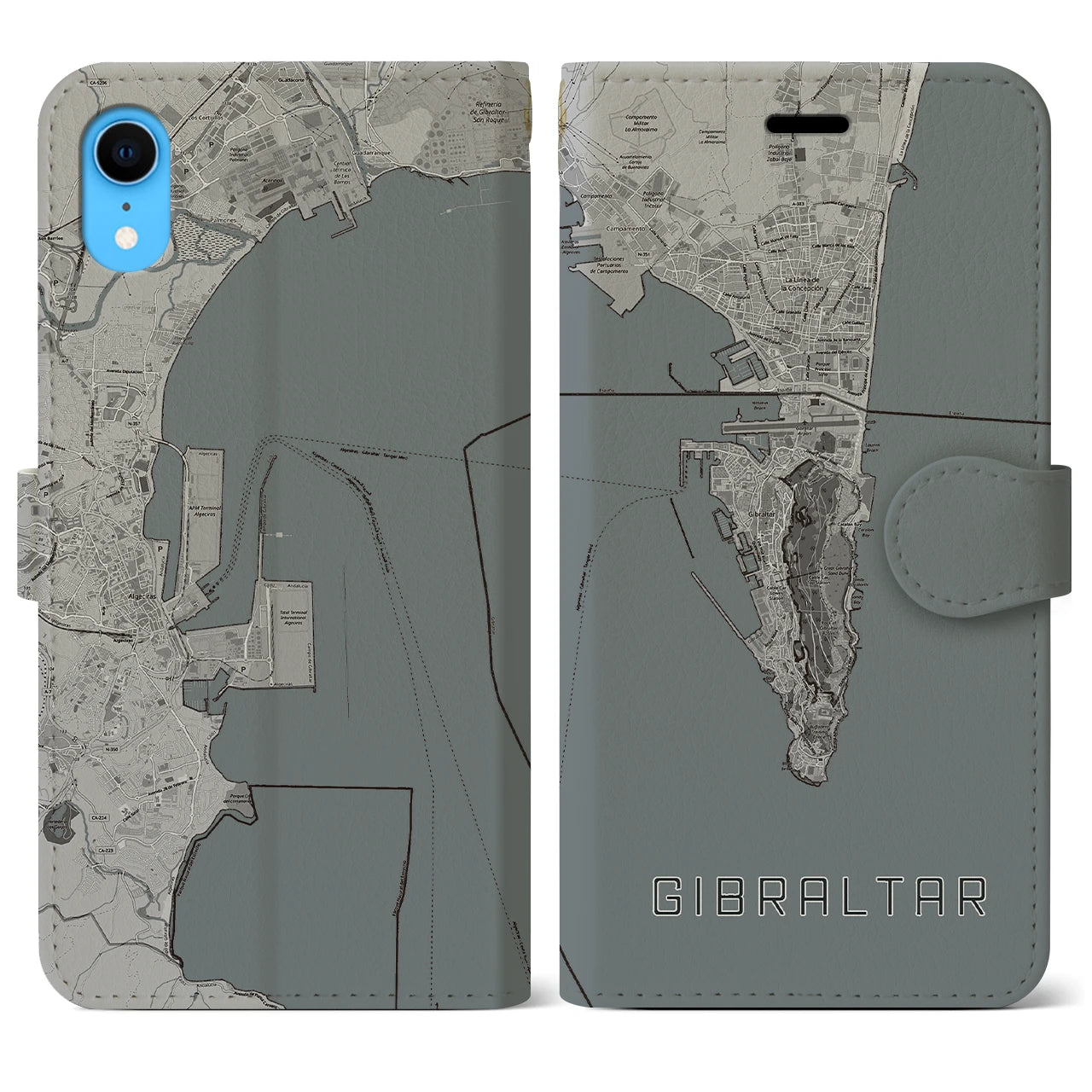 【ジブラルタル】地図柄iPhoneケース（手帳両面タイプ・モノトーン）iPhone XR 用