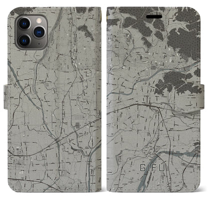 【岐阜（岐阜県）】地図柄iPhoneケース（手帳タイプ）モノトーン・iPhone 11 Pro Max 用