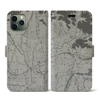 【岐阜（岐阜県）】地図柄iPhoneケース（手帳タイプ）モノトーン・iPhone 11 Pro 用