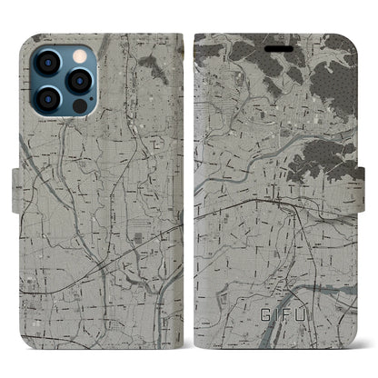 【岐阜（岐阜県）】地図柄iPhoneケース（手帳タイプ）モノトーン・iPhone 12 / 12 Pro 用