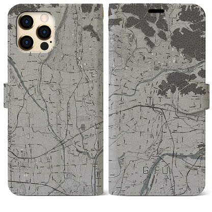 【岐阜（岐阜県）】地図柄iPhoneケース（手帳タイプ）モノトーン・iPhone 12 Pro Max 用