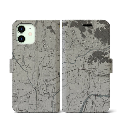 【岐阜（岐阜県）】地図柄iPhoneケース（手帳タイプ）モノトーン・iPhone 12 mini 用