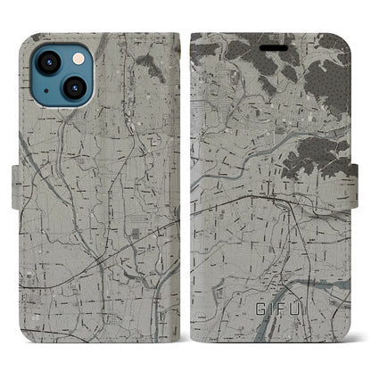 【岐阜（岐阜県）】地図柄iPhoneケース（手帳タイプ）モノトーン・iPhone 13 用