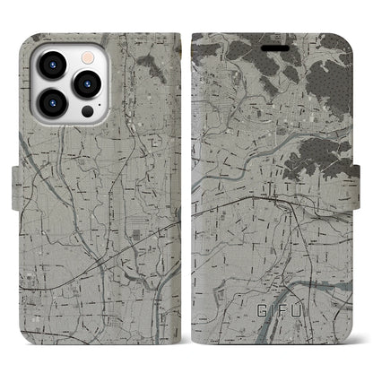 【岐阜（岐阜県）】地図柄iPhoneケース（手帳タイプ）モノトーン・iPhone 13 Pro 用