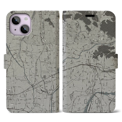 【岐阜（岐阜県）】地図柄iPhoneケース（手帳タイプ）モノトーン・iPhone 14 用