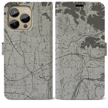 【岐阜（岐阜県）】地図柄iPhoneケース（手帳タイプ）モノトーン・iPhone 14 Pro Max 用