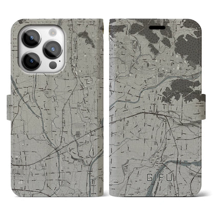 【岐阜（岐阜県）】地図柄iPhoneケース（手帳タイプ）モノトーン・iPhone 14 Pro 用