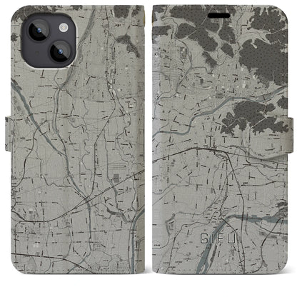 【岐阜（岐阜県）】地図柄iPhoneケース（手帳タイプ）モノトーン・iPhone 14 Plus 用