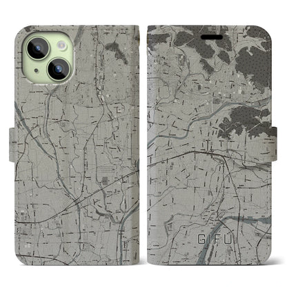 【岐阜（岐阜県）】地図柄iPhoneケース（手帳タイプ）モノトーン・iPhone 15 用