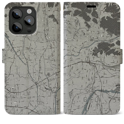 【岐阜（岐阜県）】地図柄iPhoneケース（手帳タイプ）モノトーン・iPhone 15 Pro Max 用