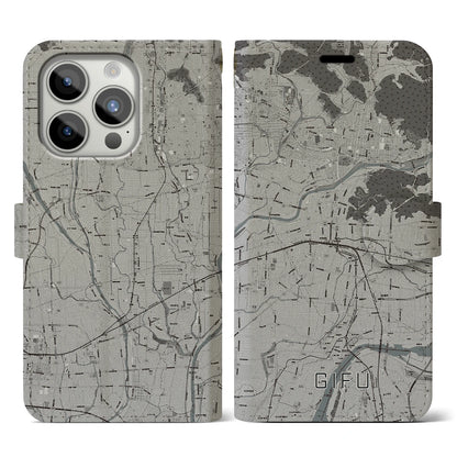 【岐阜（岐阜県）】地図柄iPhoneケース（手帳タイプ）モノトーン・iPhone 15 Pro 用