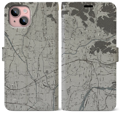 【岐阜（岐阜県）】地図柄iPhoneケース（手帳タイプ）モノトーン・iPhone 15 Plus 用