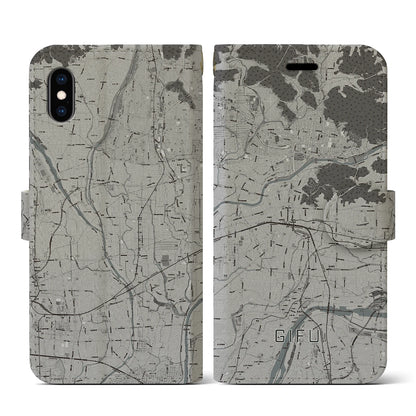 【岐阜（岐阜県）】地図柄iPhoneケース（手帳タイプ）モノトーン・iPhone XS / X 用