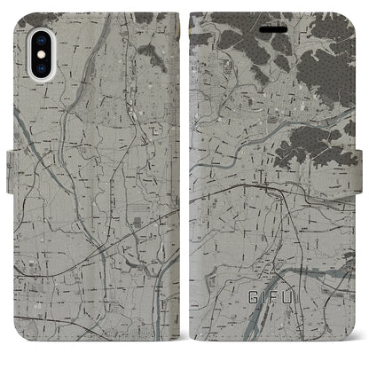 【岐阜（岐阜県）】地図柄iPhoneケース（手帳タイプ）モノトーン・iPhone XS Max 用