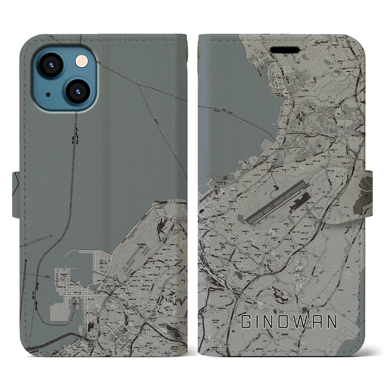 【宜野湾】地図柄iPhoneケース（手帳両面タイプ・モノトーン）iPhone 13 用