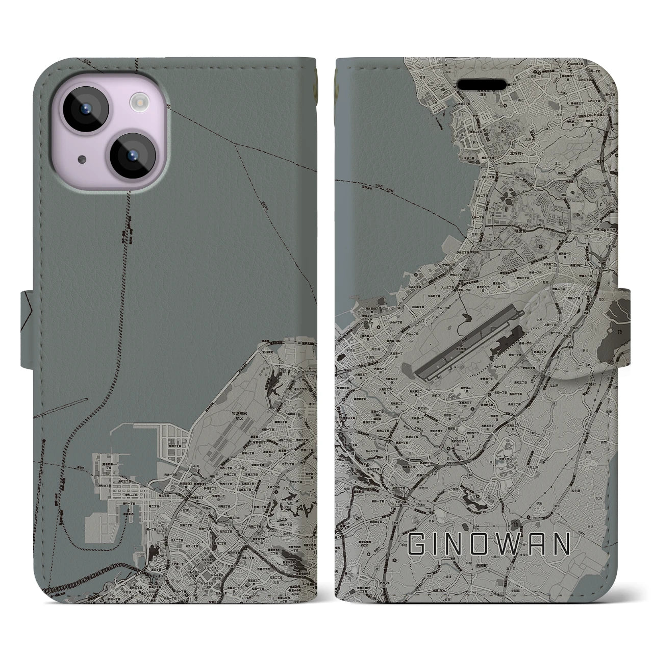 【宜野湾】地図柄iPhoneケース（手帳両面タイプ・モノトーン）iPhone 14 用