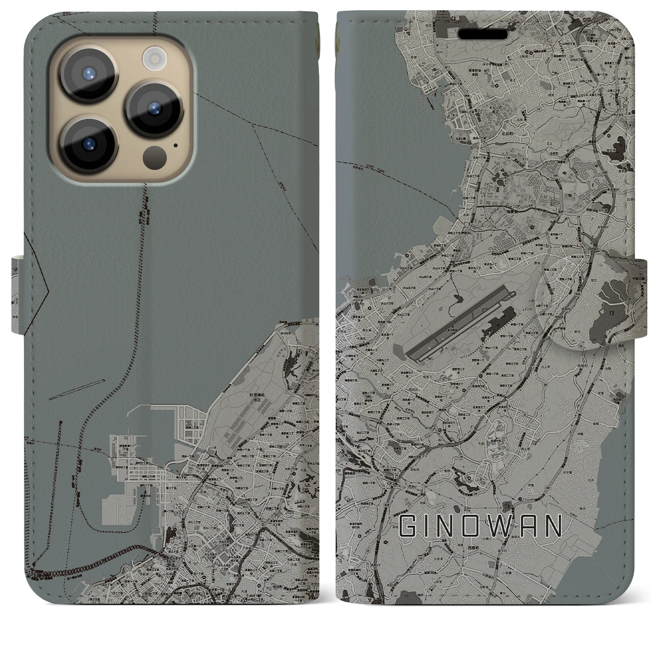 【宜野湾】地図柄iPhoneケース（手帳両面タイプ・モノトーン）iPhone 14 Pro Max 用