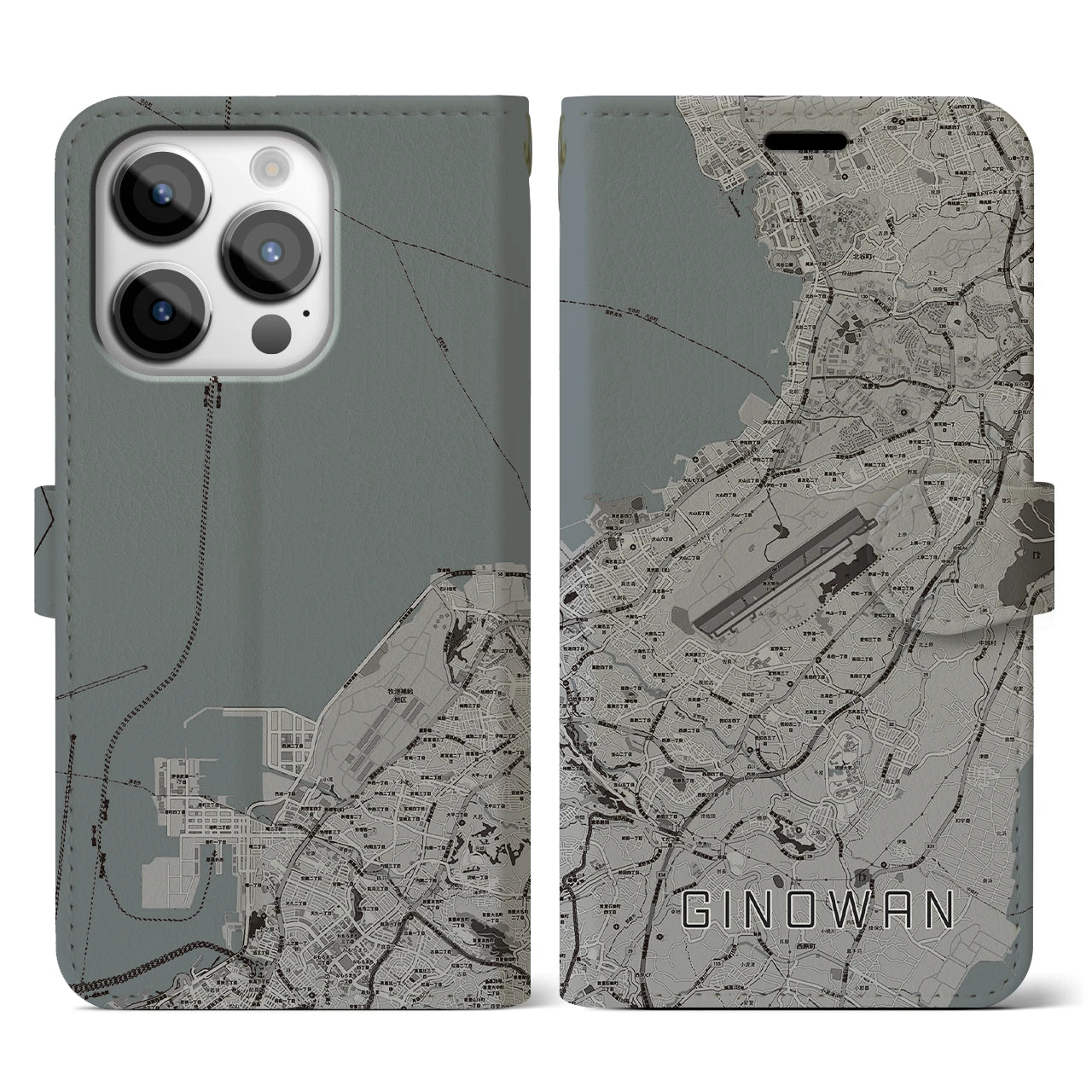 【宜野湾】地図柄iPhoneケース（手帳両面タイプ・モノトーン）iPhone 14 Pro 用
