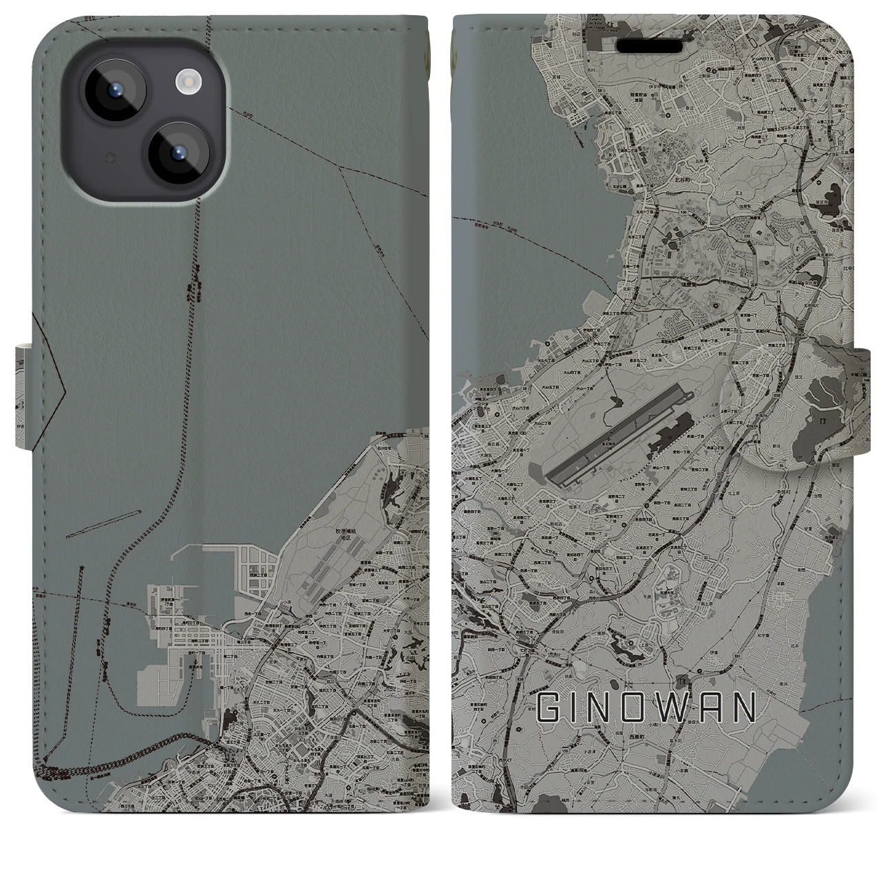 【宜野湾】地図柄iPhoneケース（手帳両面タイプ・モノトーン）iPhone 14 Plus 用