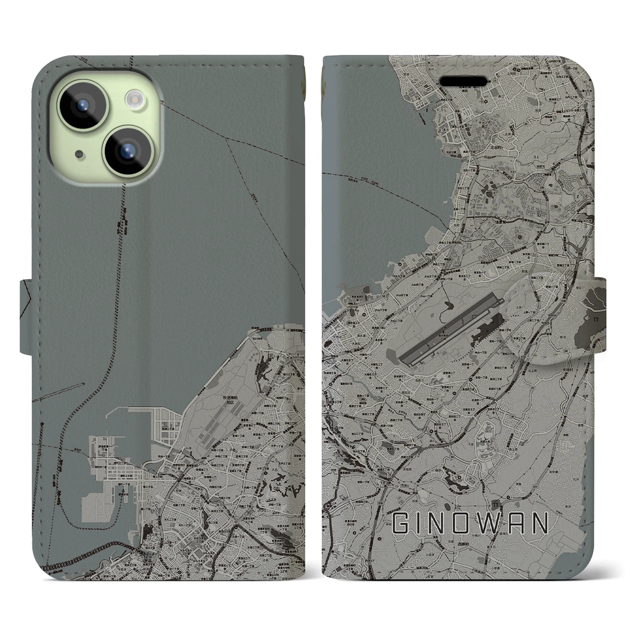 【宜野湾】地図柄iPhoneケース（手帳両面タイプ・モノトーン）iPhone 15 用