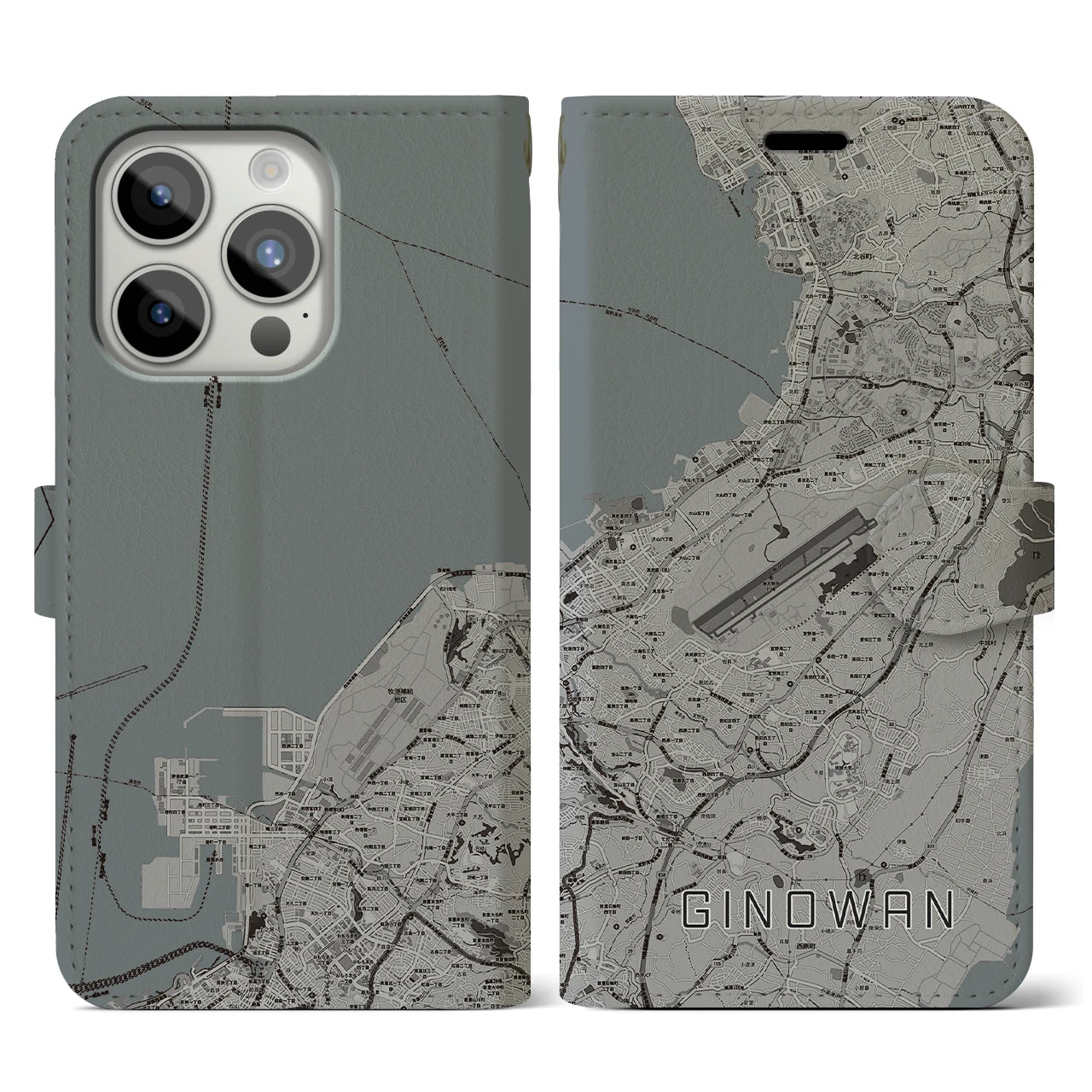 【宜野湾】地図柄iPhoneケース（手帳両面タイプ・モノトーン）iPhone 15 Pro 用