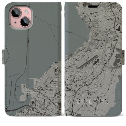 【宜野湾（沖縄県）】地図柄iPhoneケース（手帳タイプ）モノトーン・iPhone 15 Plus 用