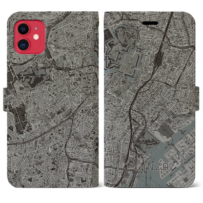 【銀座（東京都）】地図柄iPhoneケース（手帳タイプ）モノトーン・iPhone 11 用